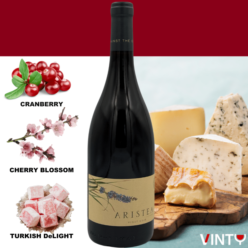 Aristea Pinot Noir 2021 bottle with elegant red wine notes of cranberry, cherry blossom, and blackberries. Tasting Note