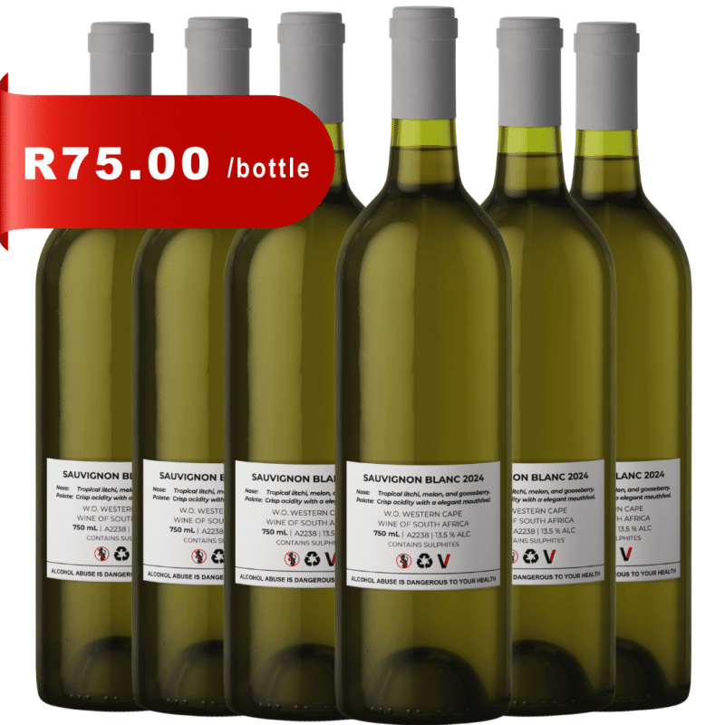 Bottle of Sauvignon Blanc 2024 Stellenbosch with tropical notes and customizable label options for special occasions.