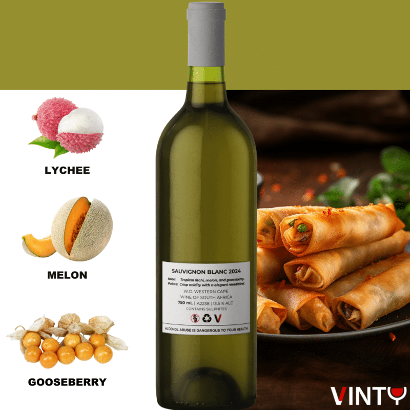 Bottle of Sauvignon Blanc 2024 Stellenbosch with tropical notes and customizable label options for special occasions.