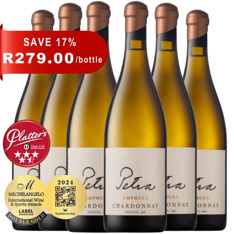 Stettyn Petra Wooded Chardonnay 2023 bottle with golden hues and oak influence.