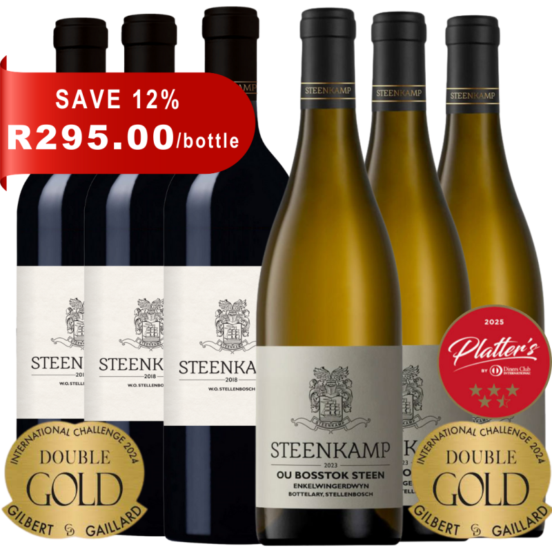 Groenland Steenkamp Mixed Case featuring Cabernet Sauvignon/Merlot 2018 and Ou Bosstok Steen 2023