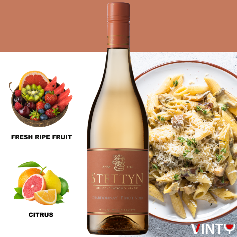 Stettyn Chardonnay Pinot Noir Rosé 2025 bottle with copper-pink wine Tasting Profile
