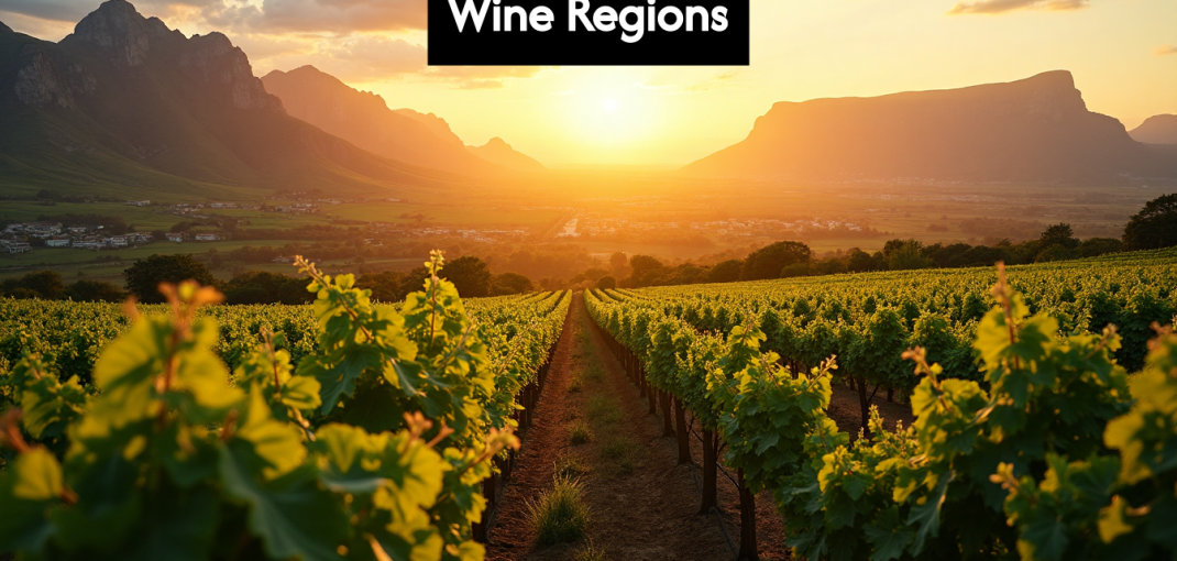 Sunrise over Cape Winelands vineyard and mountains