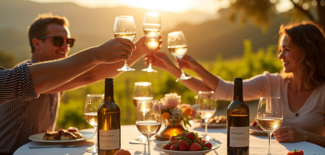 South Africans toasting wine outdoors in a vineyard