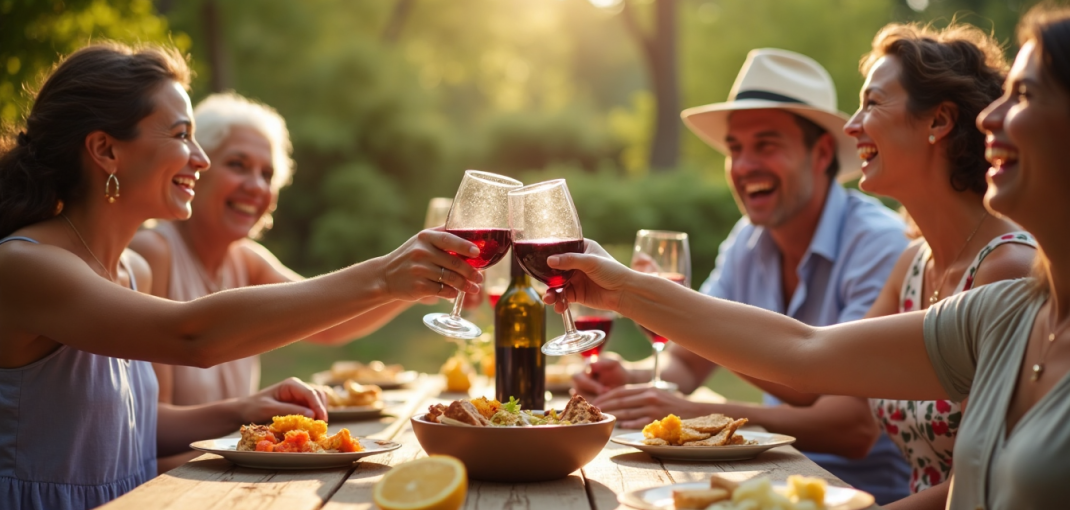 Group enjoying chilled red wine outdoors in summer
