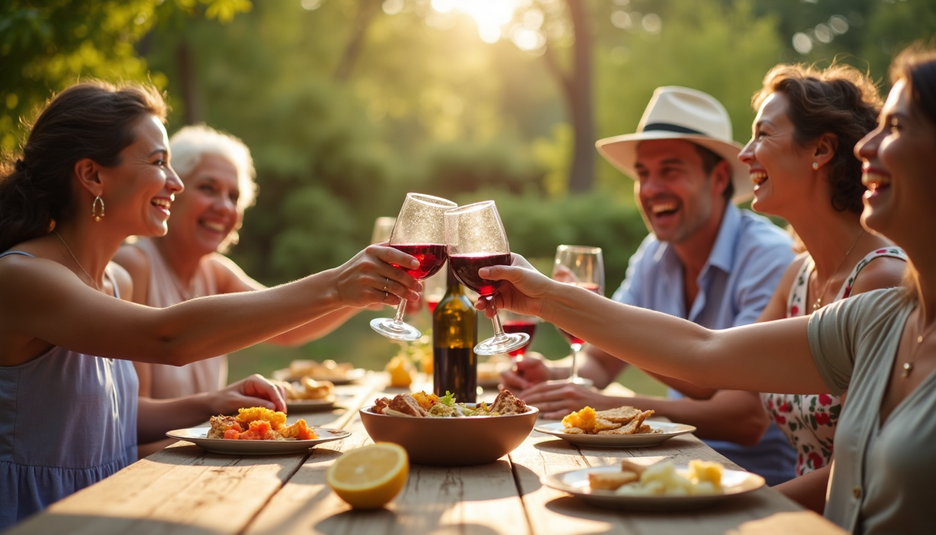 Group enjoying chilled red wine outdoors in summer