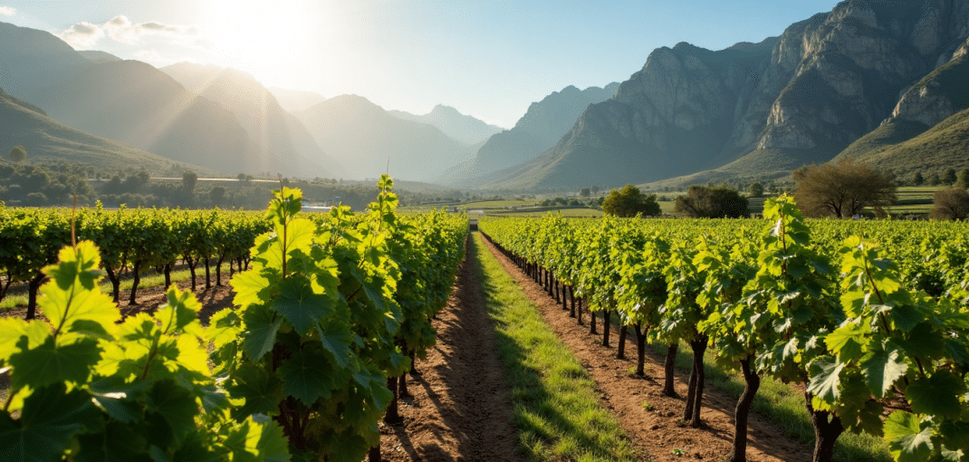South African vineyard with mountains at sunset