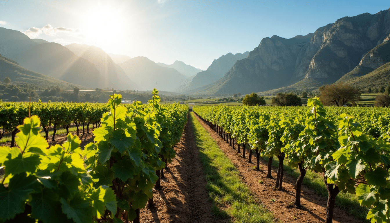 South African vineyard with mountains at sunset