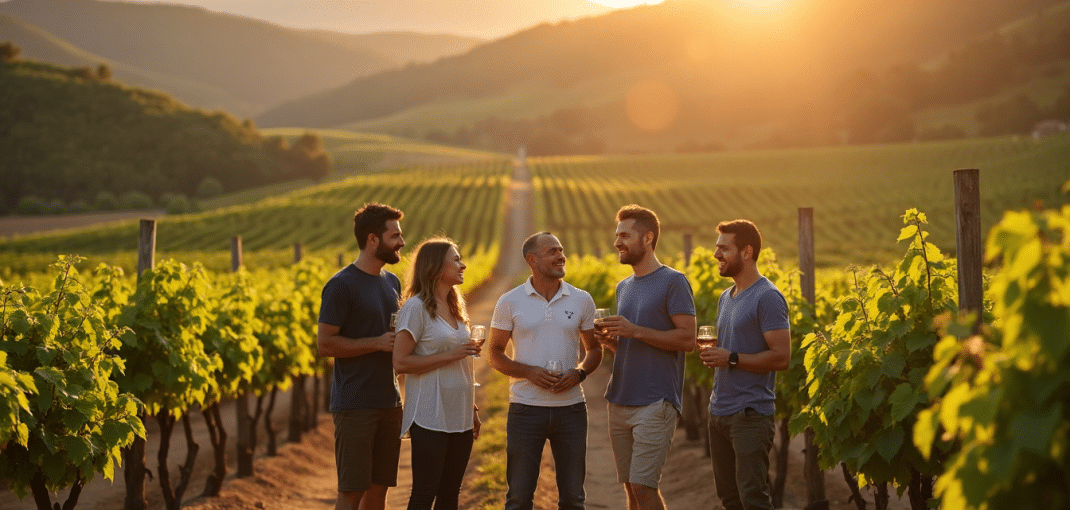 Visitors tasting wine at a South African vineyard