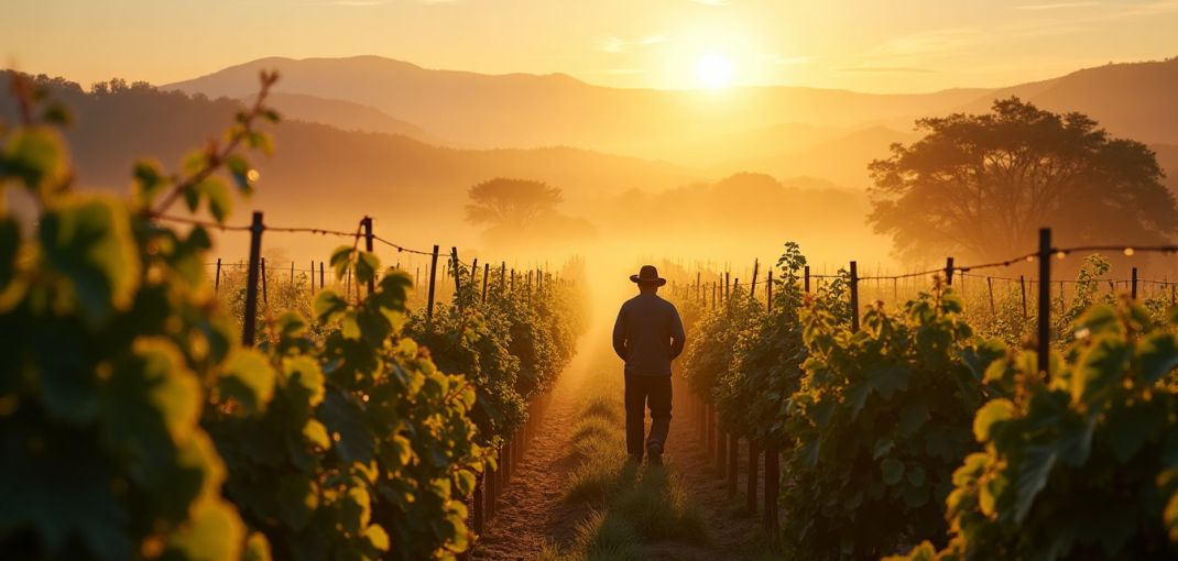 South African vineyard at sunrise with workers