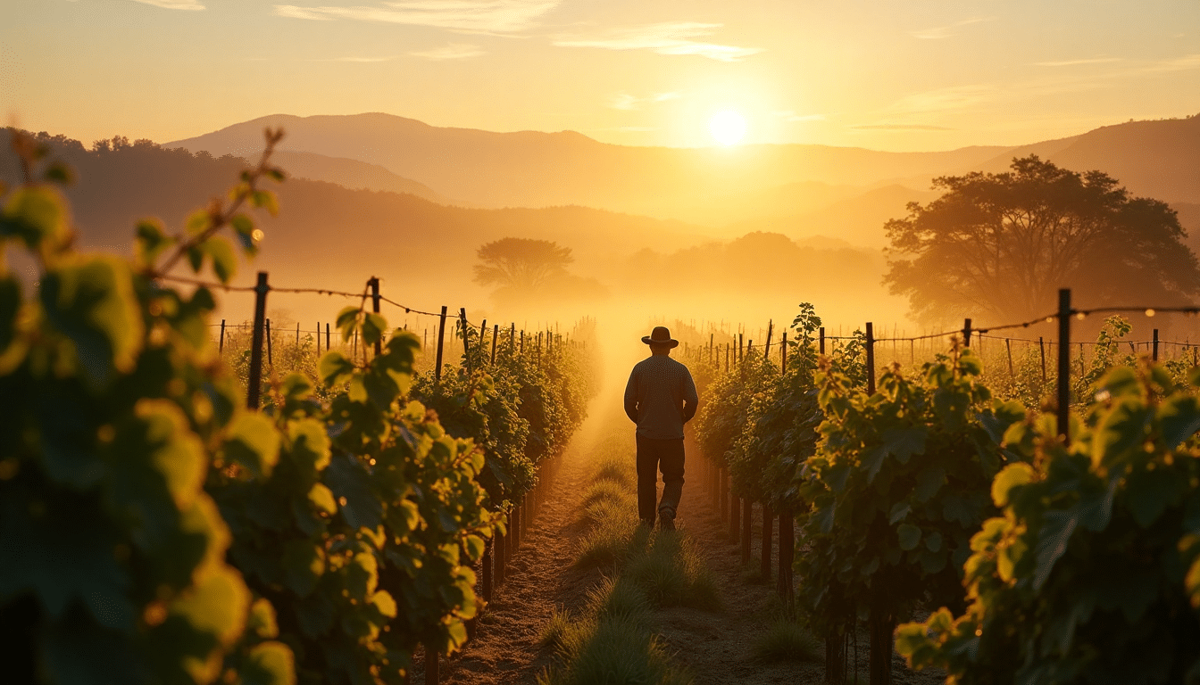 South African vineyard at sunrise with workers