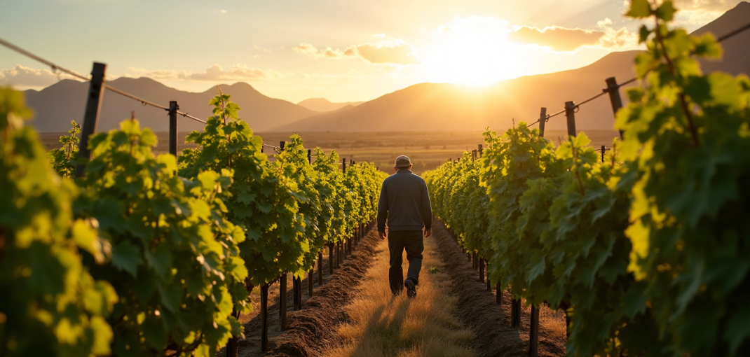 Golden hour South African vineyard panorama