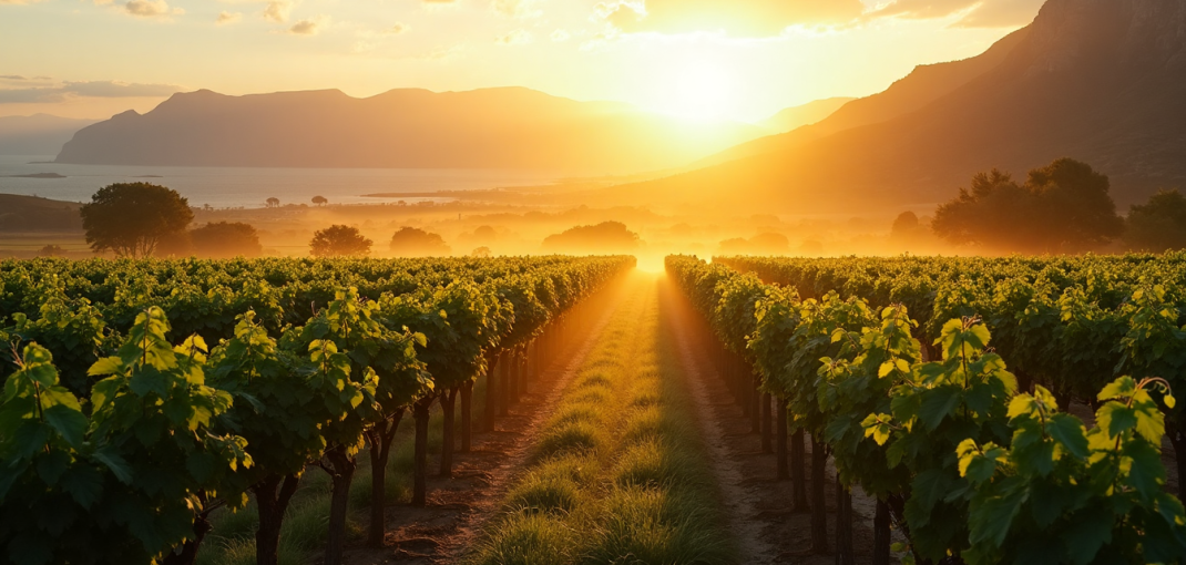 Sunrise over South African vineyard with misty mountains