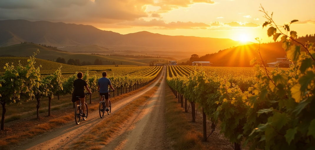Cyclists pause on vineyard road at sunset