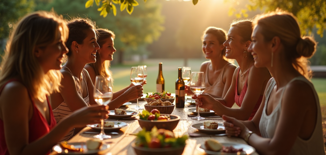 Friends sharing wine in a sunlit South African garden