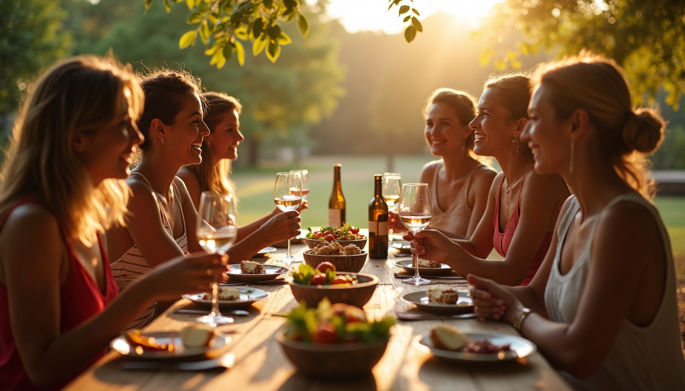 Friends sharing wine in a sunlit South African garden