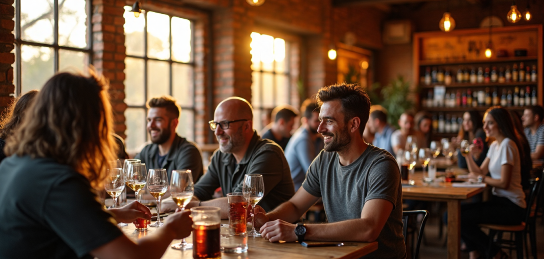 Lively wine bar with guests enjoying tastings