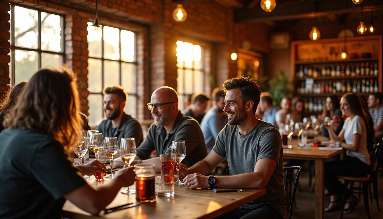 Lively wine bar with guests enjoying tastings
