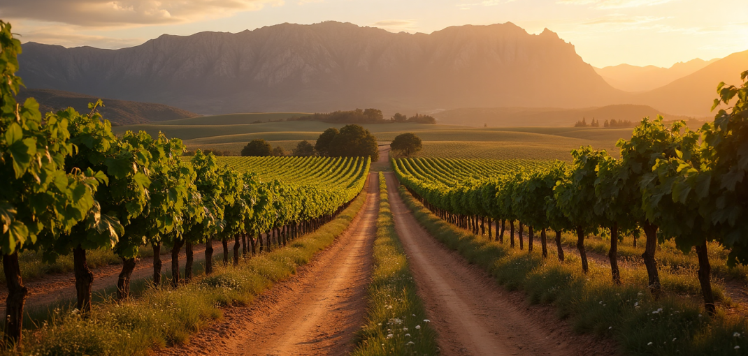 South African vineyard at sunset with mountains