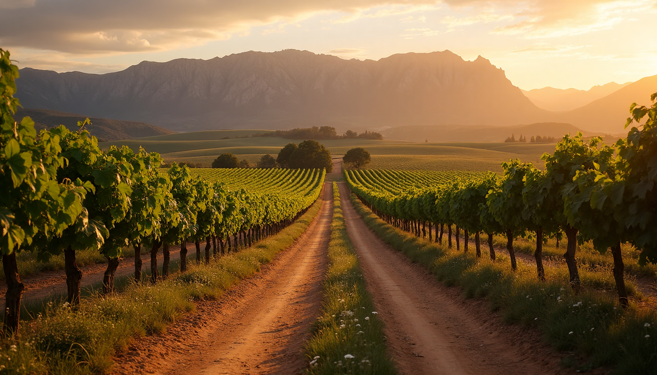 South African vineyard at sunset with mountains