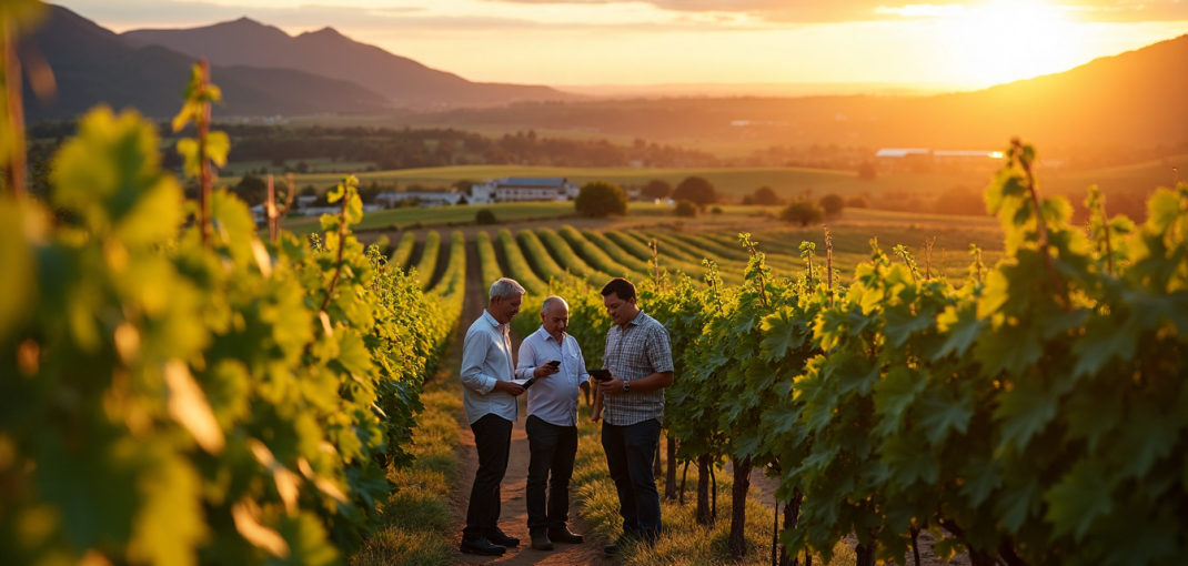 Diverse winemakers inspect and pick grapes at golden South African vineyard