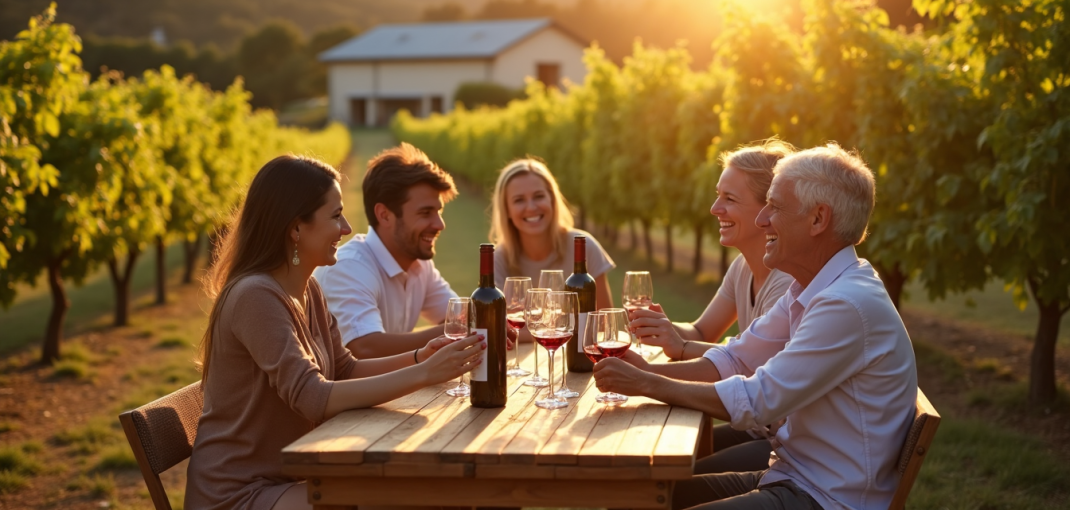 Friends enjoying affordable wine at a scenic South African vineyard