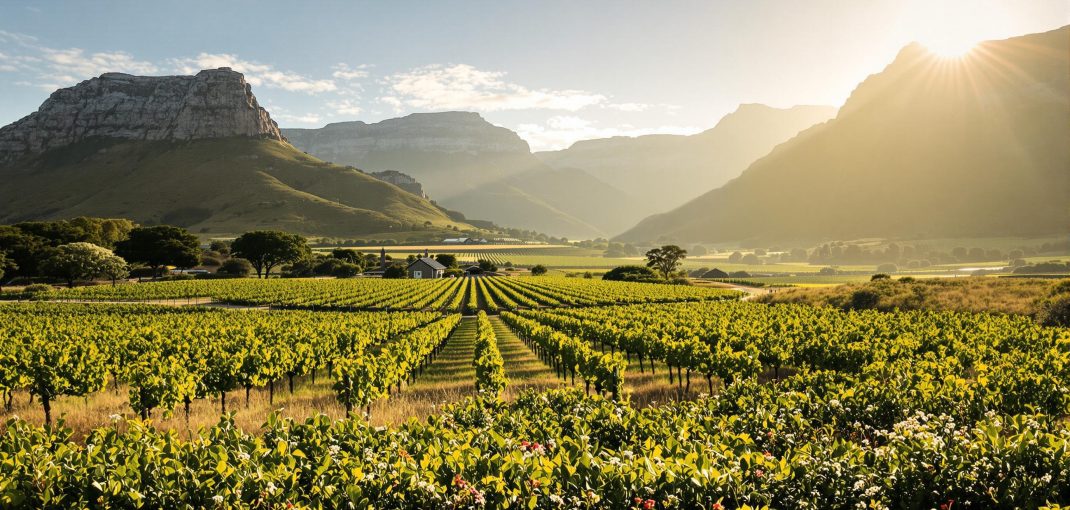 Sunlit South African vineyard showcasing sustainable landscape