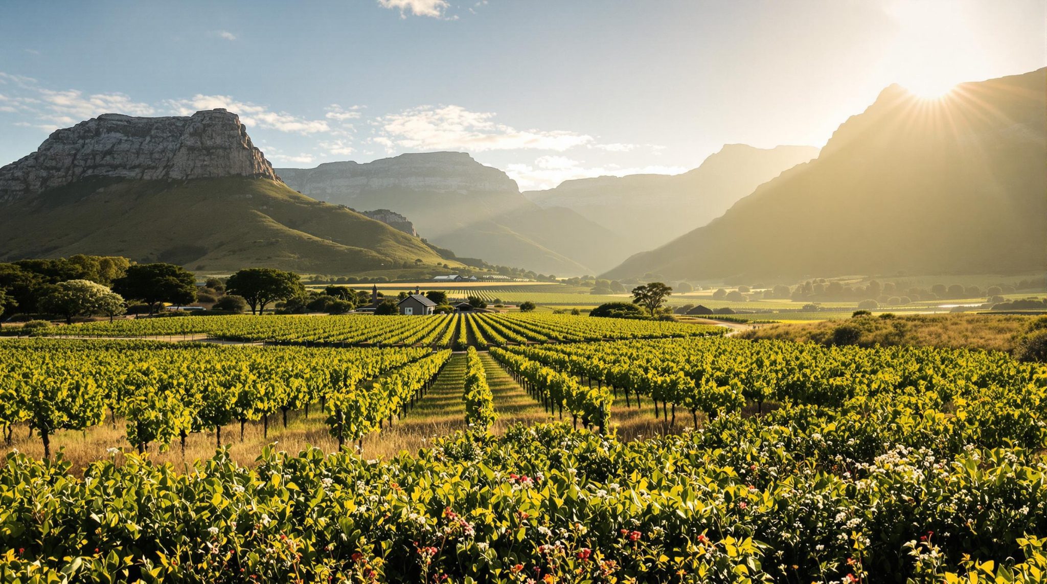 Sunlit South African vineyard showcasing sustainable landscape