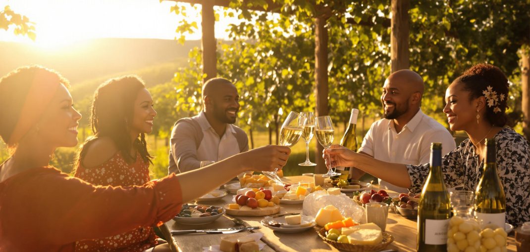People celebrating with South African MCC sparkling wine at a vineyard table