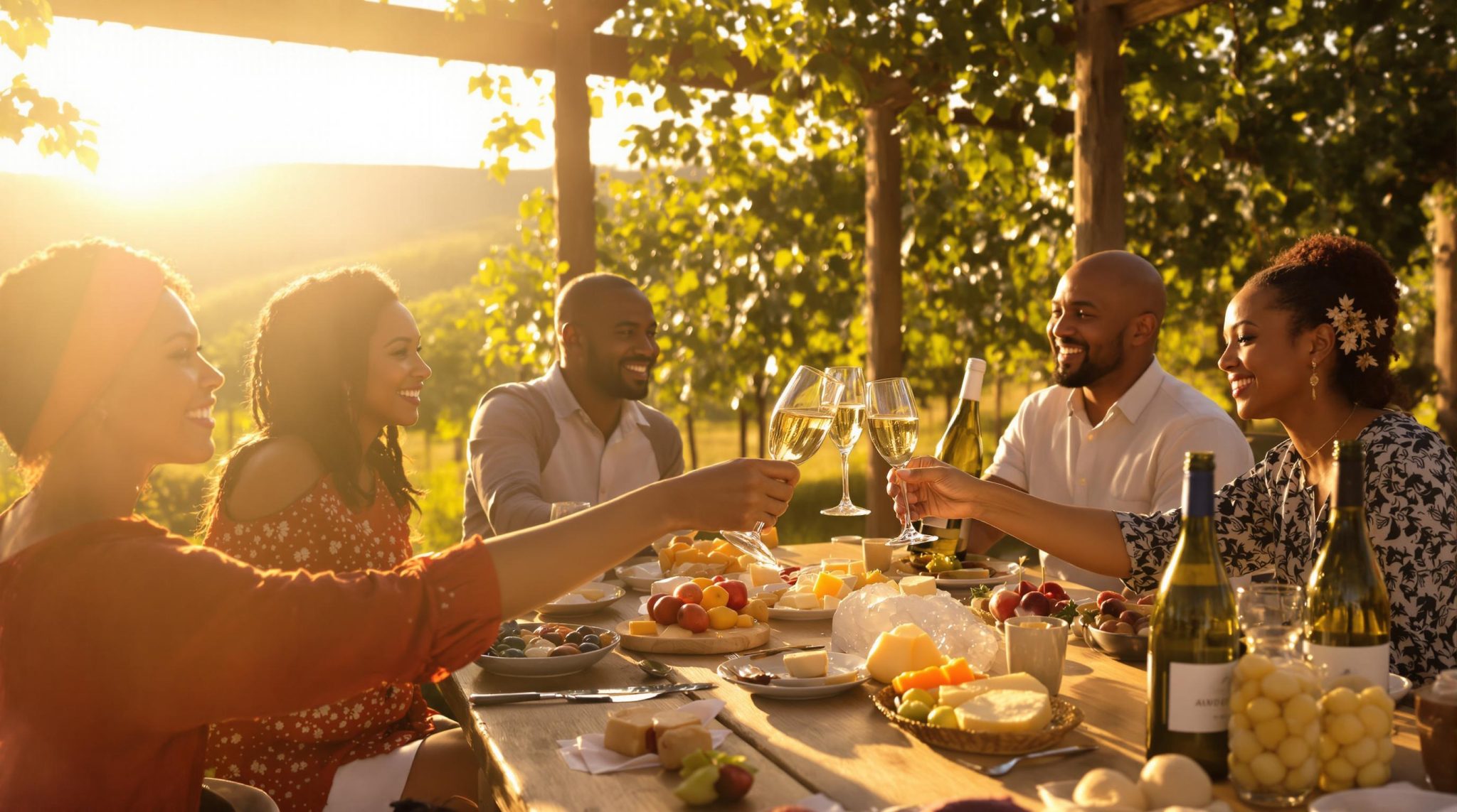 People celebrating with South African MCC sparkling wine at a vineyard table