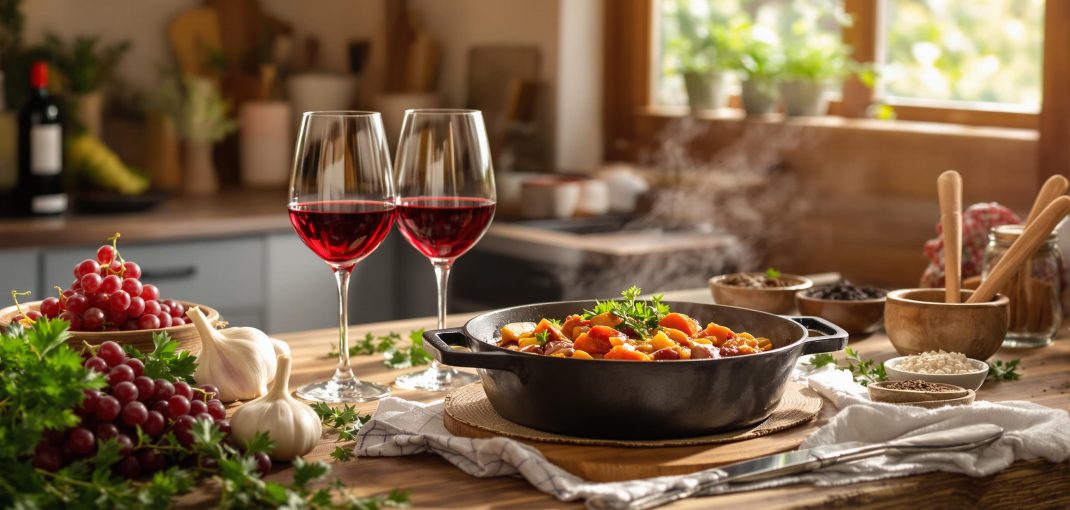 Kitchen with South African red wine, stew, and fresh ingredients
