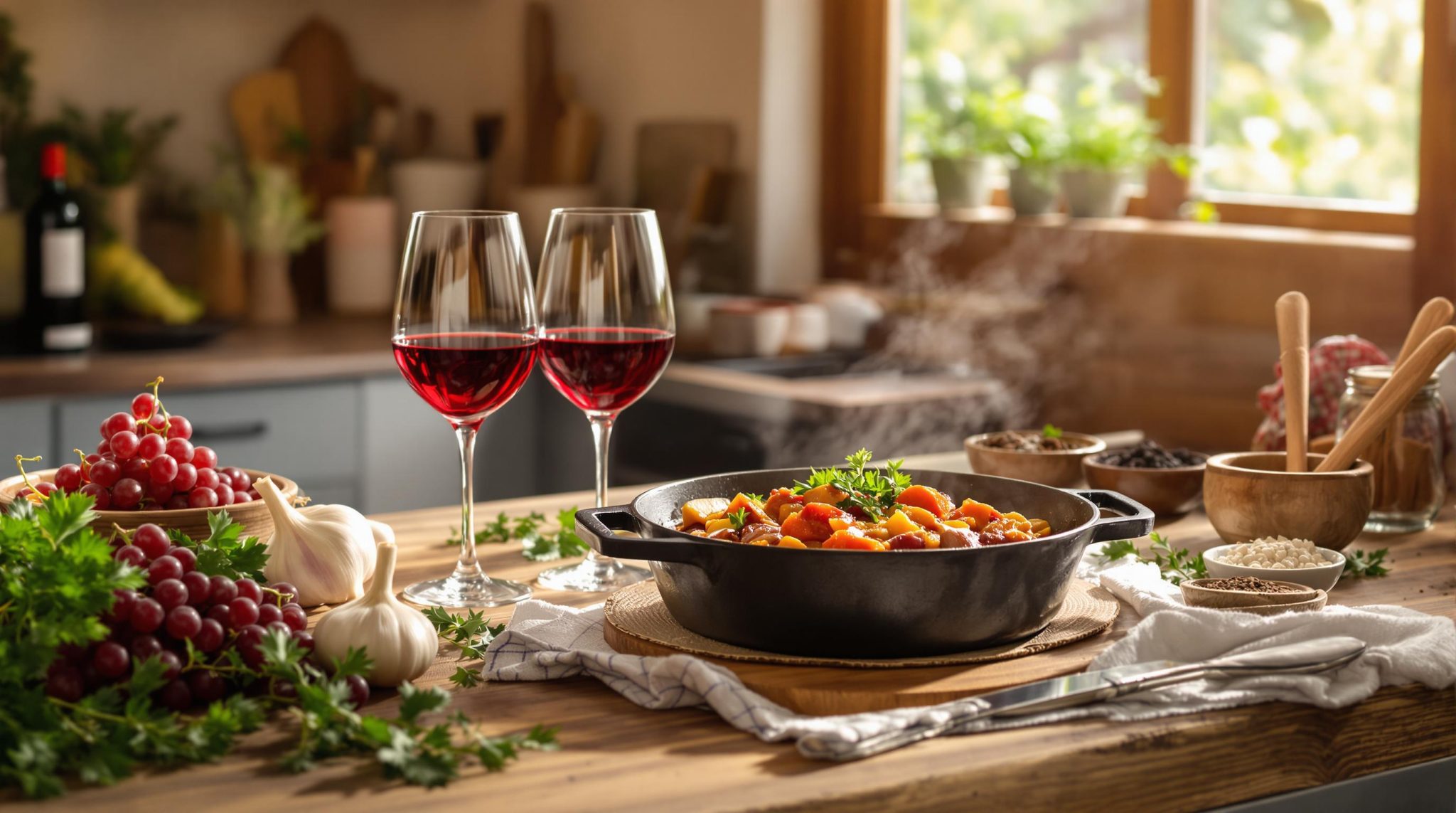 Kitchen with South African red wine, stew, and fresh ingredients