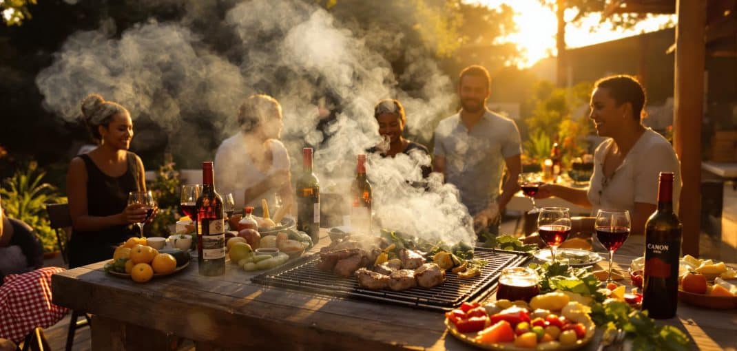 South African friends sharing wine and braai at sunset