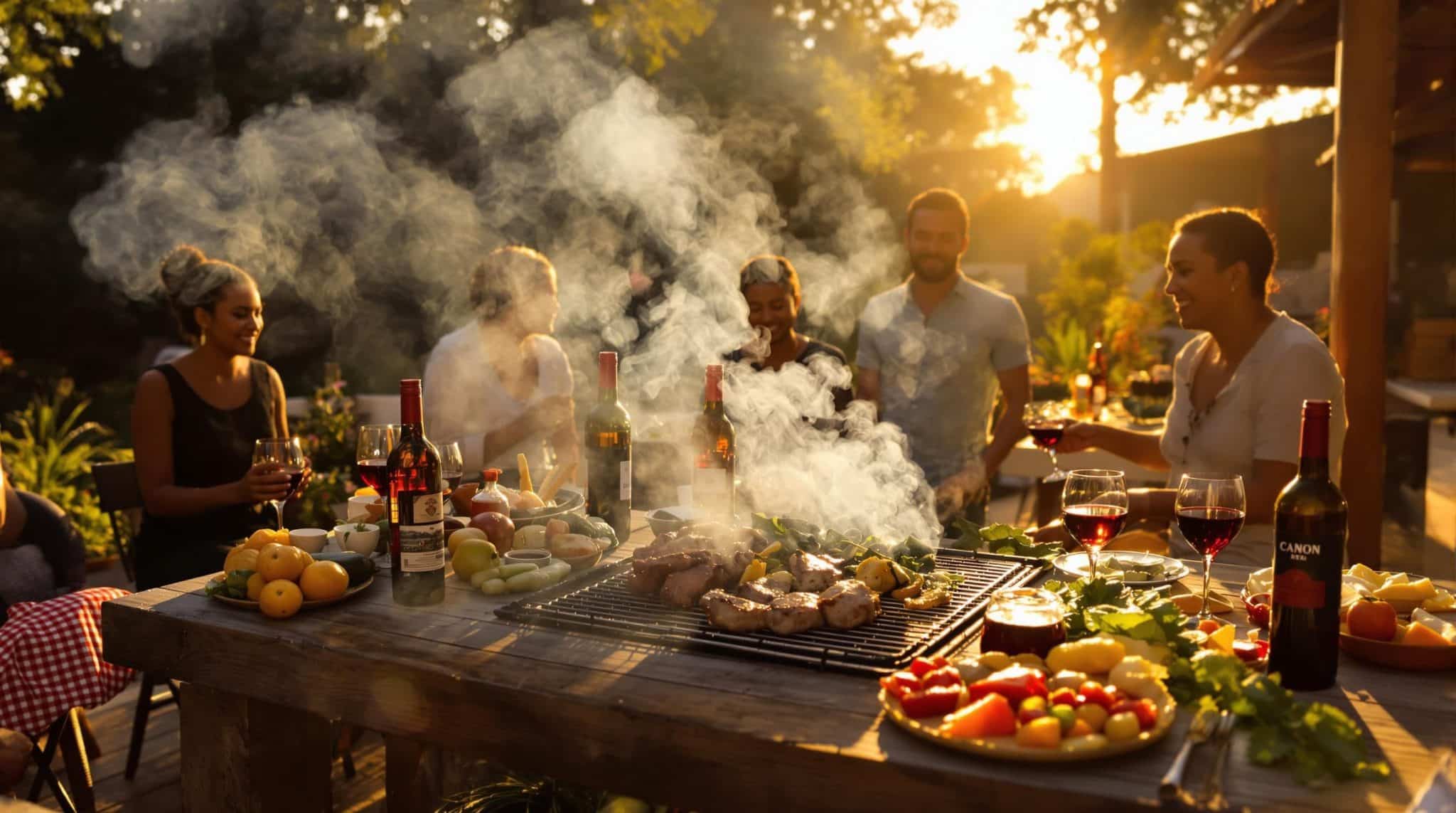 South African friends sharing wine and braai at sunset