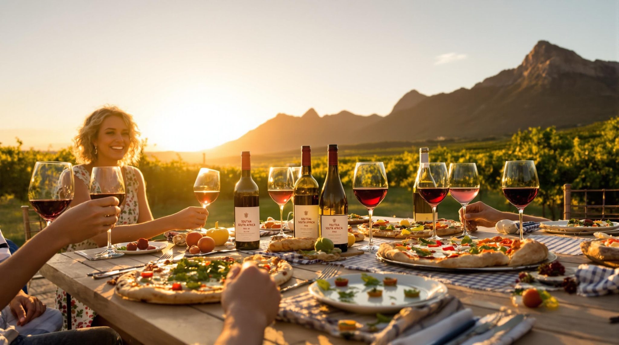 Outdoor table with South African wine and pizza in vineyard setting
