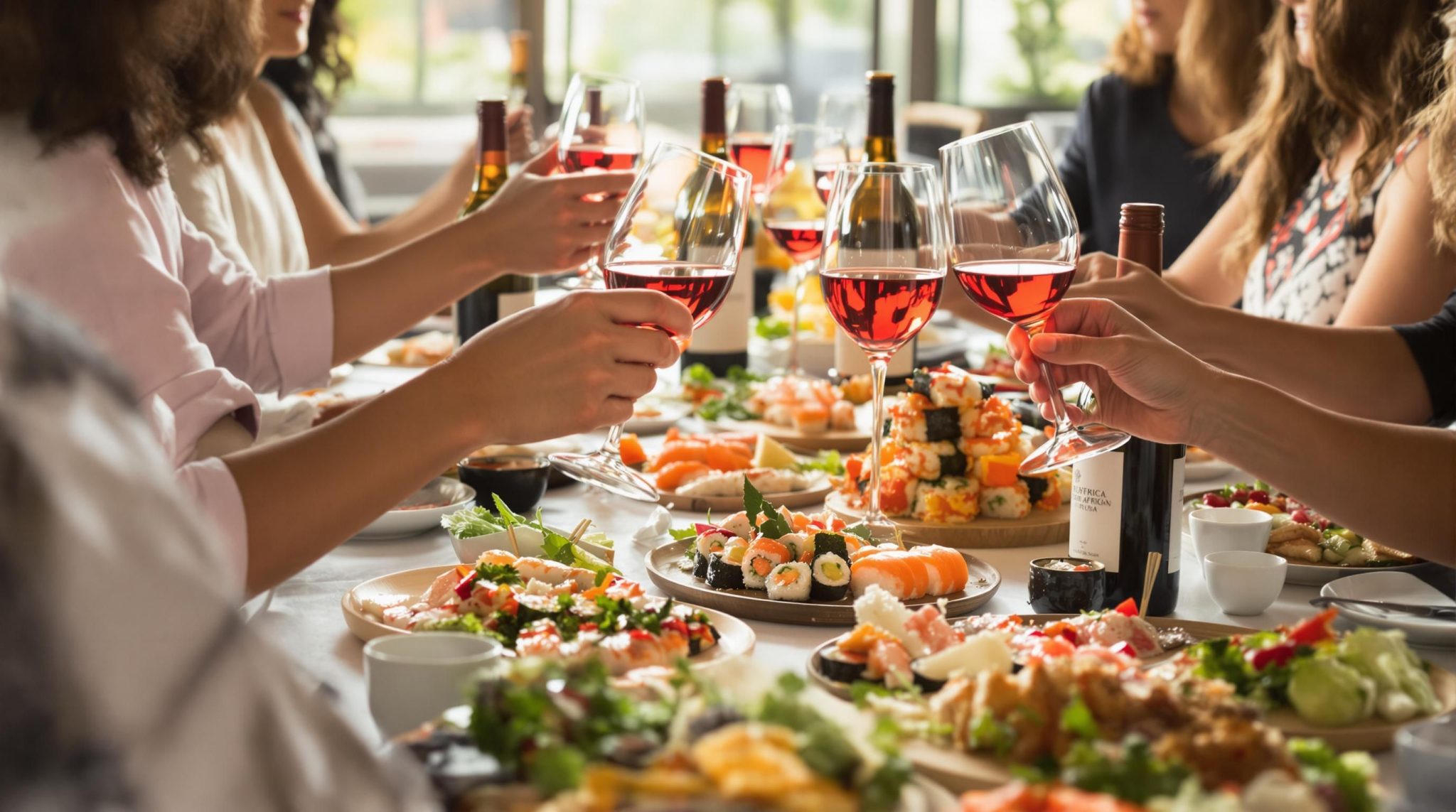 Friends enjoying sushi and South African wine in elegant setting