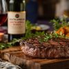 Steak dinner with South African wine on rustic table