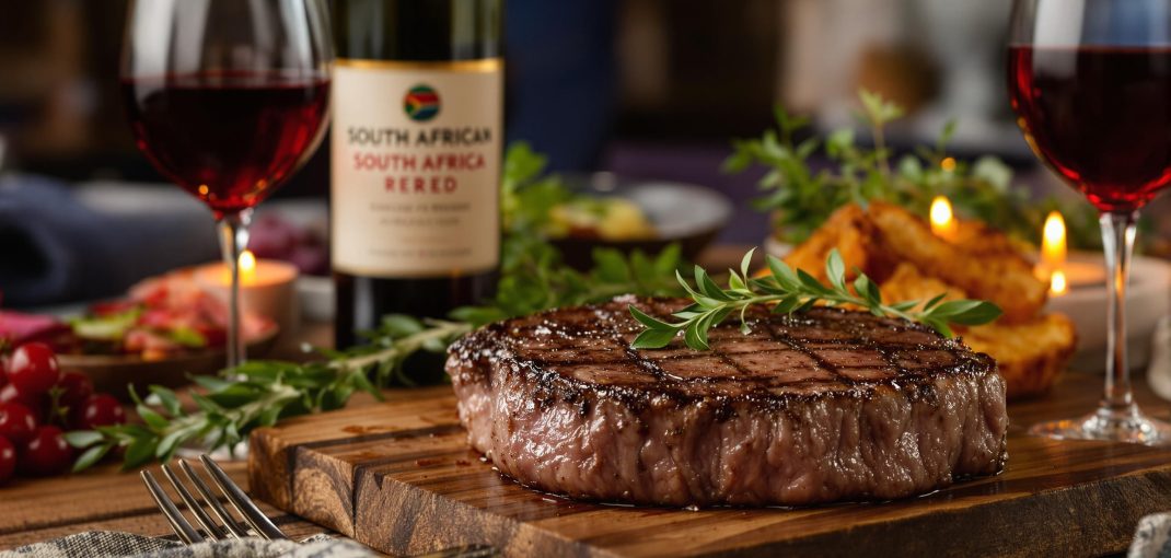 Steak dinner with South African wine on rustic table