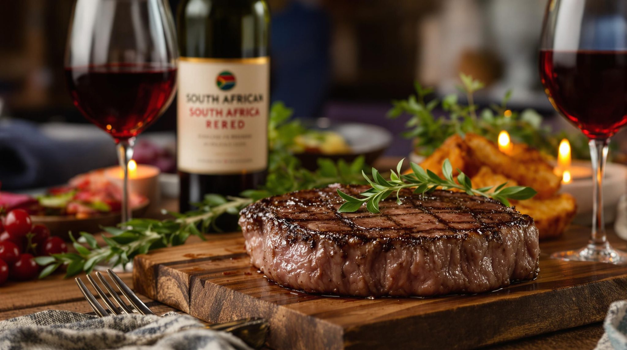 Steak dinner with South African wine on rustic table