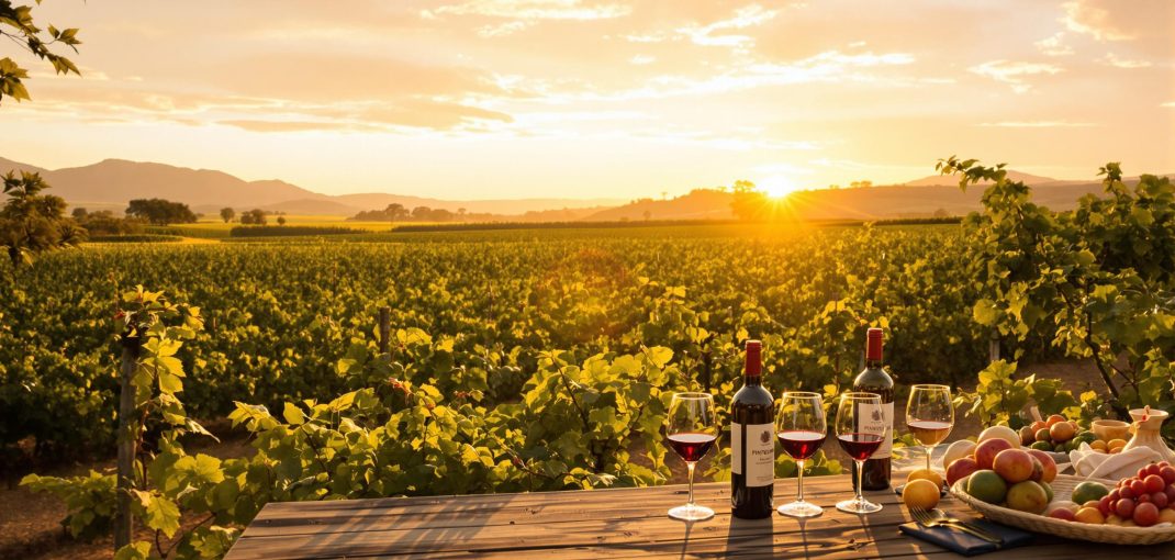 South African vineyard at sunset with wine tasting table