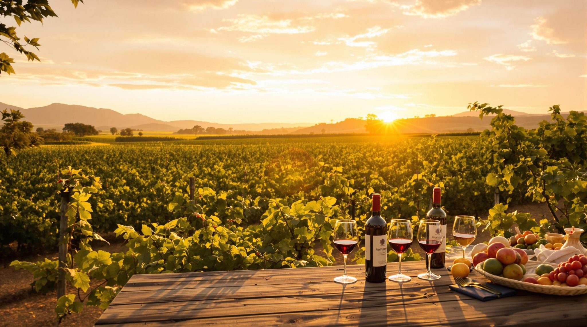 South African vineyard at sunset with wine tasting table